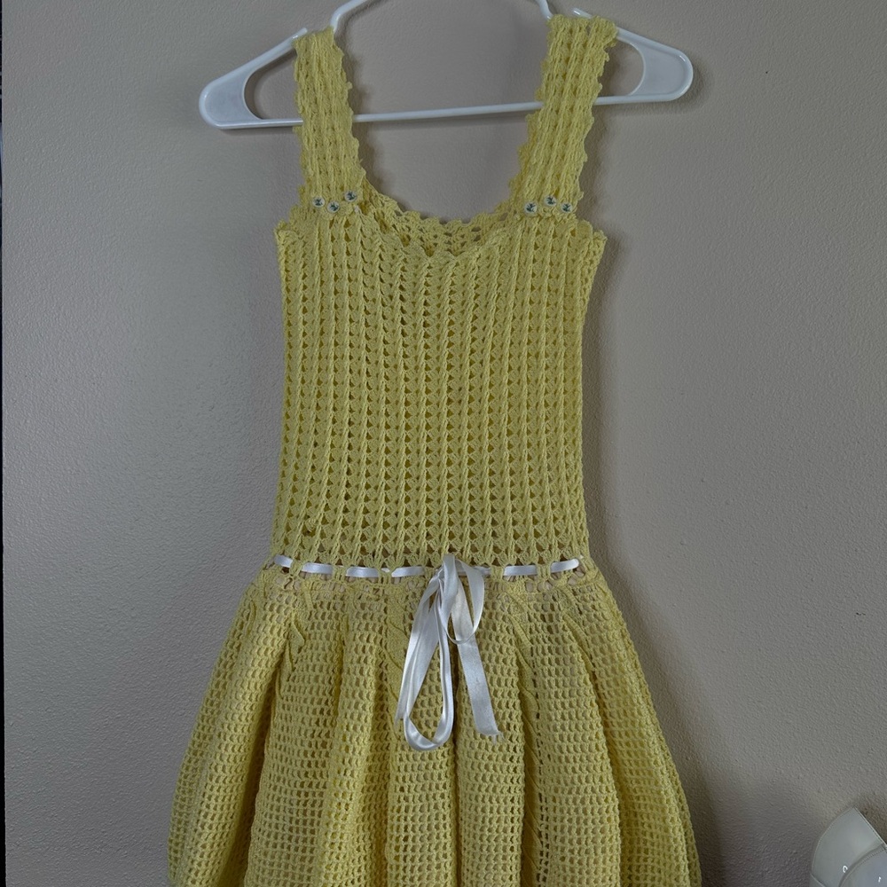 Vintage Yellow Crochet Sundress with Satin Ribbon